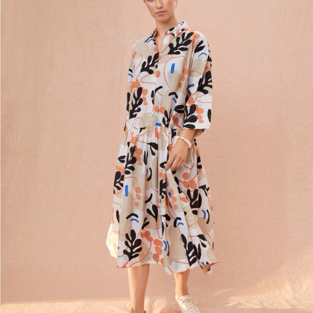 MASAI Copenhagen Tan and White Nanetti Shirt Dress w/ 3/4 Sleeve Sz S